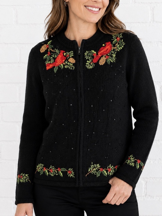 Tiara Sweaters - Vintage Christmas Sweater M Cardinal Bird Sequin Embroidered Zip Cardigan